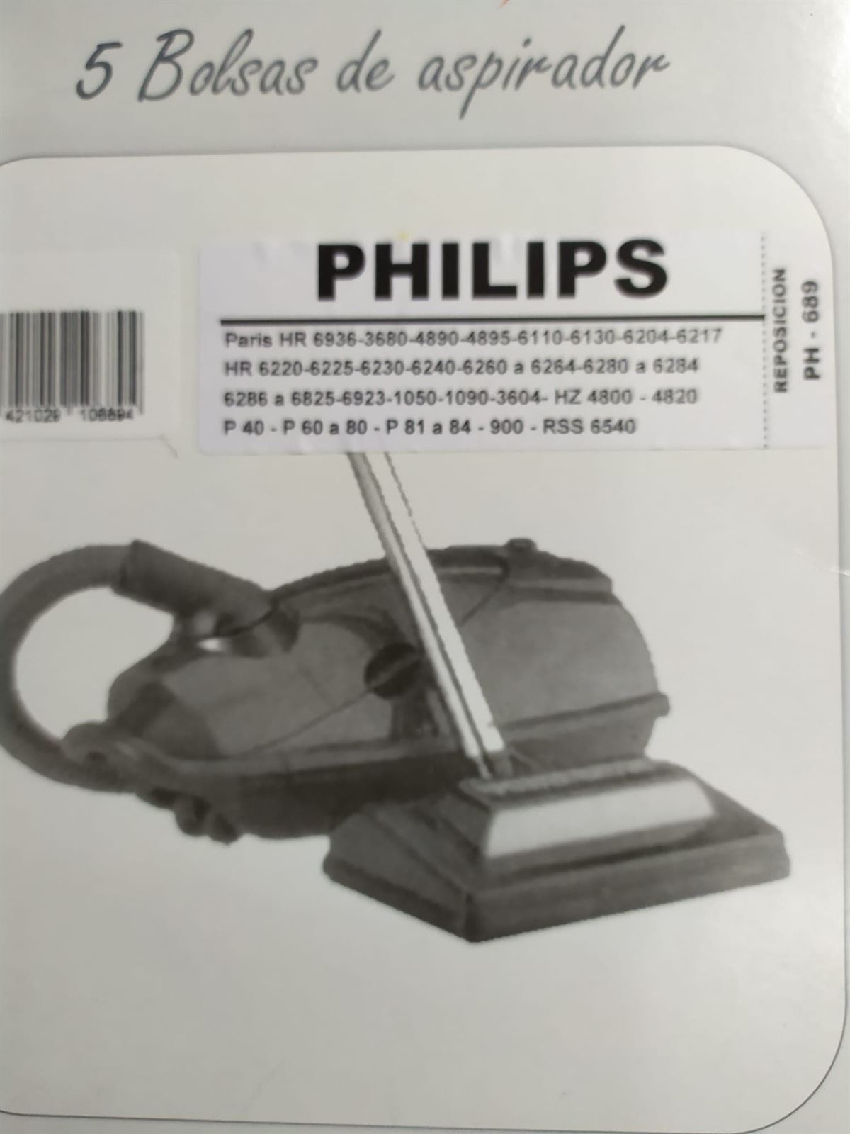 BOLSA ASPIRADOR PHILIPS, BOLSA 5 UNIDADES,    PH-689, F-689 - Imagen 1