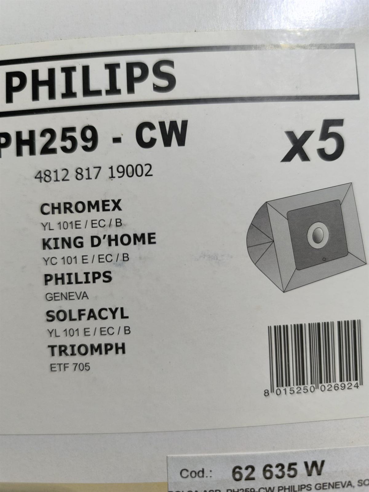 BOLSA ASPIRADOR PHILIPS, CAJA 5 BOLSAS, VER FOTO MODELOS, PH259-CW - Imagen 1