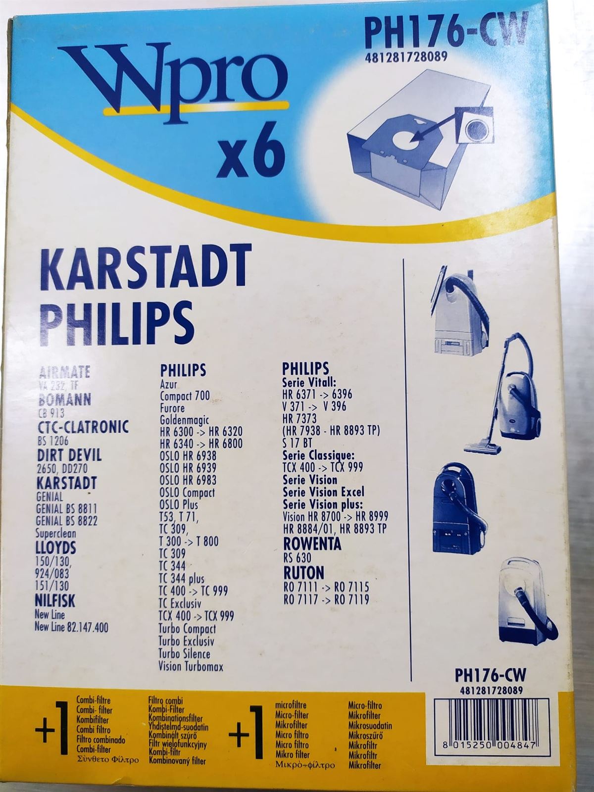 BOLSA ASPIRADOR PHILIPS, COMPATIBLE (VER MARCAS MODELOS FOTO), BOLSA 6 UNIDADES,   PH176CW - Imagen 1
