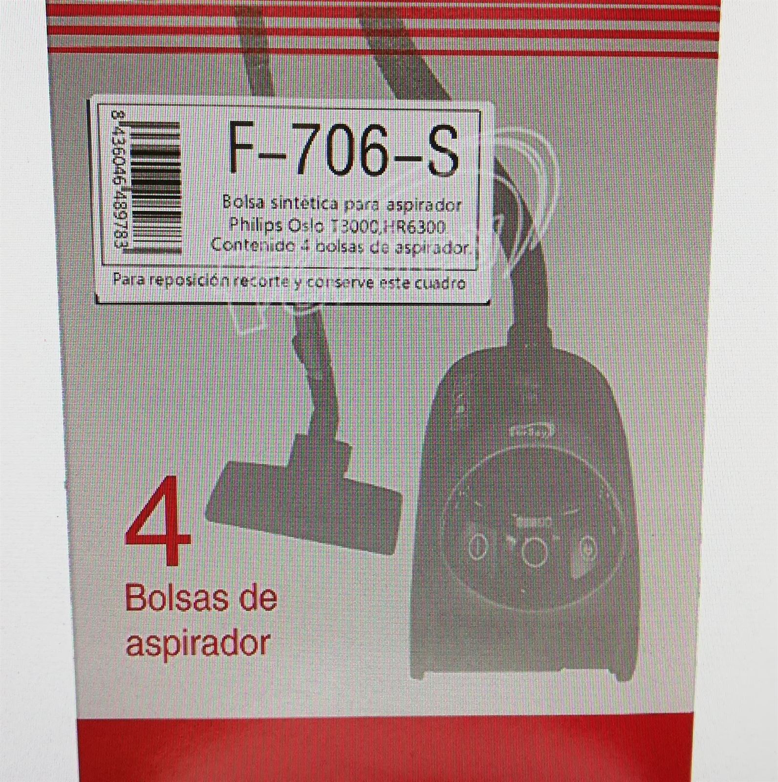 BOLSA ASPIRADOR PHILIPS, HR6377, HR6385, HR6398, HR6400 a HR6480, HR6500 a HR6580, HR6700 a HR6780, HR6938, HR6939, HR7938, HR8835, HR8891/12, Oslo, Oslo T300 a T800, TC300 a TC999, TCX400 a TCX900, Vitall, Vision, Excell, F-706-S - Imagen 1