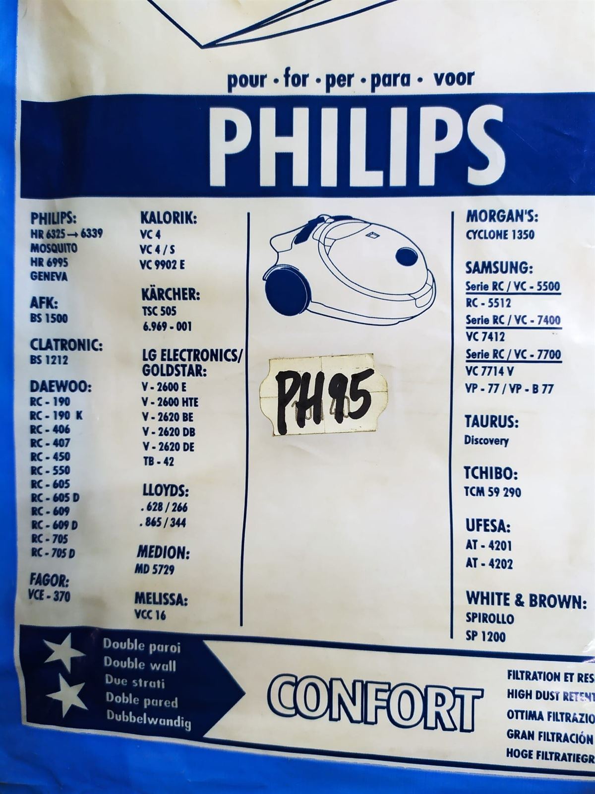 BOLSA ASPIRADOR PHILIPS, PAQUETE 6 BOLSAS+1 FILTRO, VER FOTOS MODELOS MARCAS, RECAMBIO ALTERNATIVO,  PH95 - Imagen 2