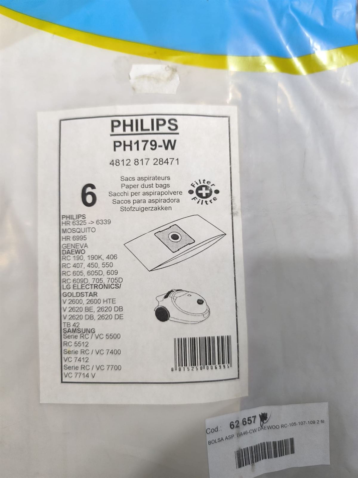 BOLSA ASPIRADOR PHILIPS, PAQUETE 6 BOLSAS, CARTON 94/97/108MM, DIAMETRO 45MM, RECANBIU ALTERNATIVO, VER FOTO MODELOS Y MARCAS COMPATIBLES, PH179-W - Imagen 1