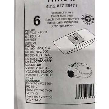 BOLSA ASPIRADOR PHILIPS, PAQUETE 6 BOLSAS, CARTON 94/97/108MM, DIAMETRO 45MM, RECANBIU ALTERNATIVO, VER FOTO MODELOS Y MARCAS COMPATIBLES, PH179-W - Imagen 2