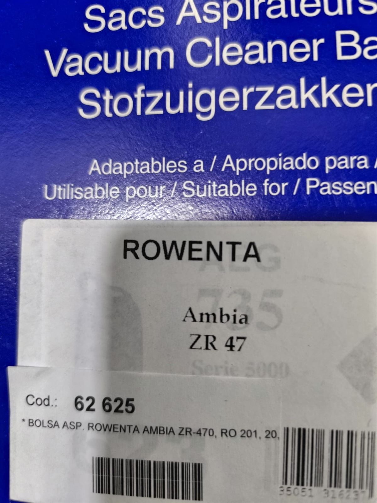 BOLSA ASPIRADOR ROWENTA, AMBIA ZR47, CAJA 5 BOLSAS, RECAMBIO ALTERNATIVO, CARTON 97MM, DIAMETRO 35MM, ZR47 - Imagen 1