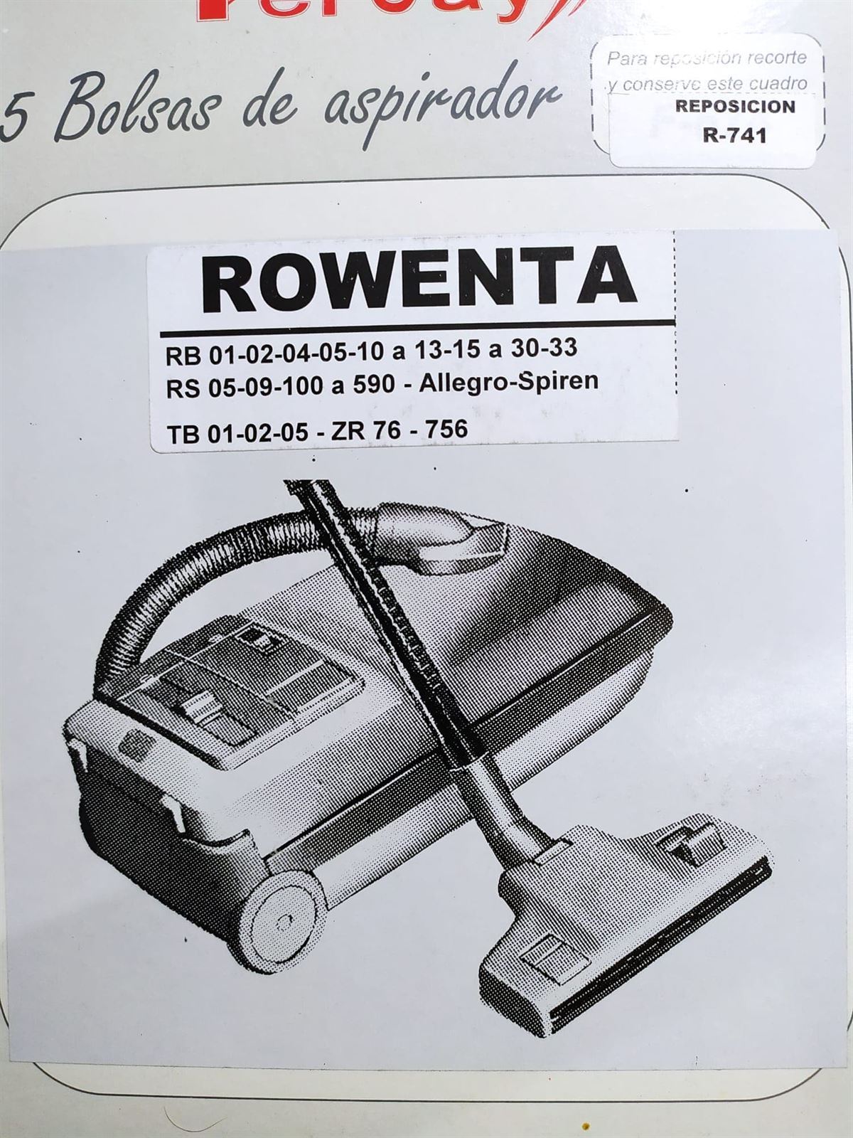 BOLSA ASPIRADOR ROWENTA, CAJA 5 BOLSAS DE PAPEL, RECAMBIO ALTERNATIVO, VER FOTO MODELOS,  F-741 - Imagen 1