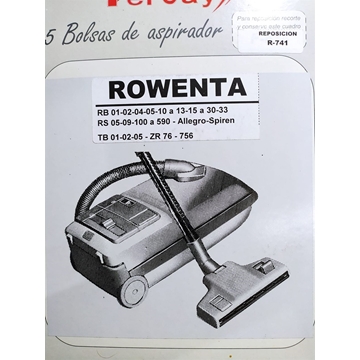 BOLSA ASPIRADOR ROWENTA, CAJA 5 BOLSAS DE PAPEL, RECAMBIO ALTERNATIVO, VER FOTO MODELOS,  F-741 - Imagen 1