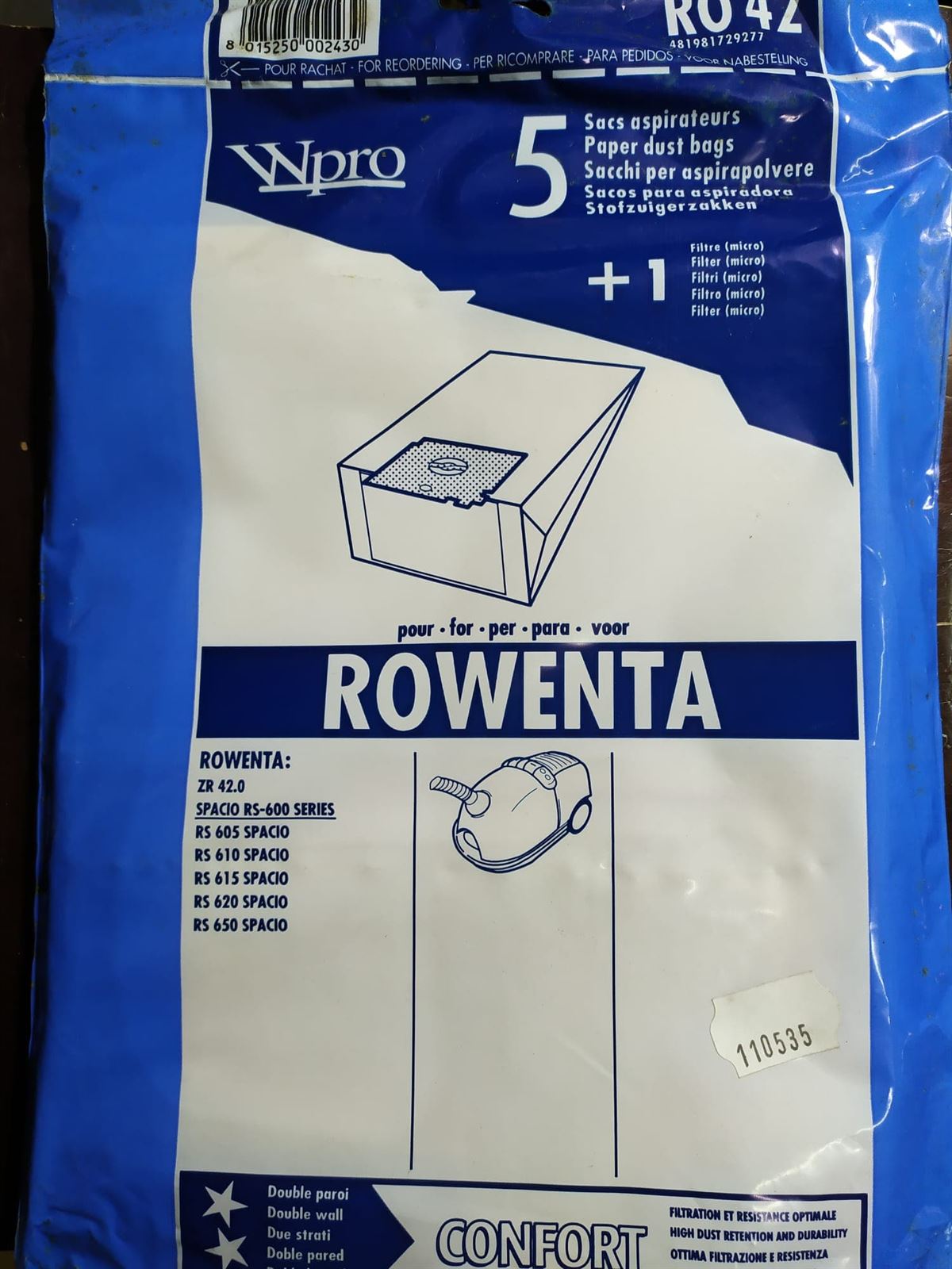 BOLSA ASPIRADOR ROWENTA, CAJA 5 BOLSAS PAPEL+1 FILTRO, VER MODELOS FOTO,   110535 - Imagen 1