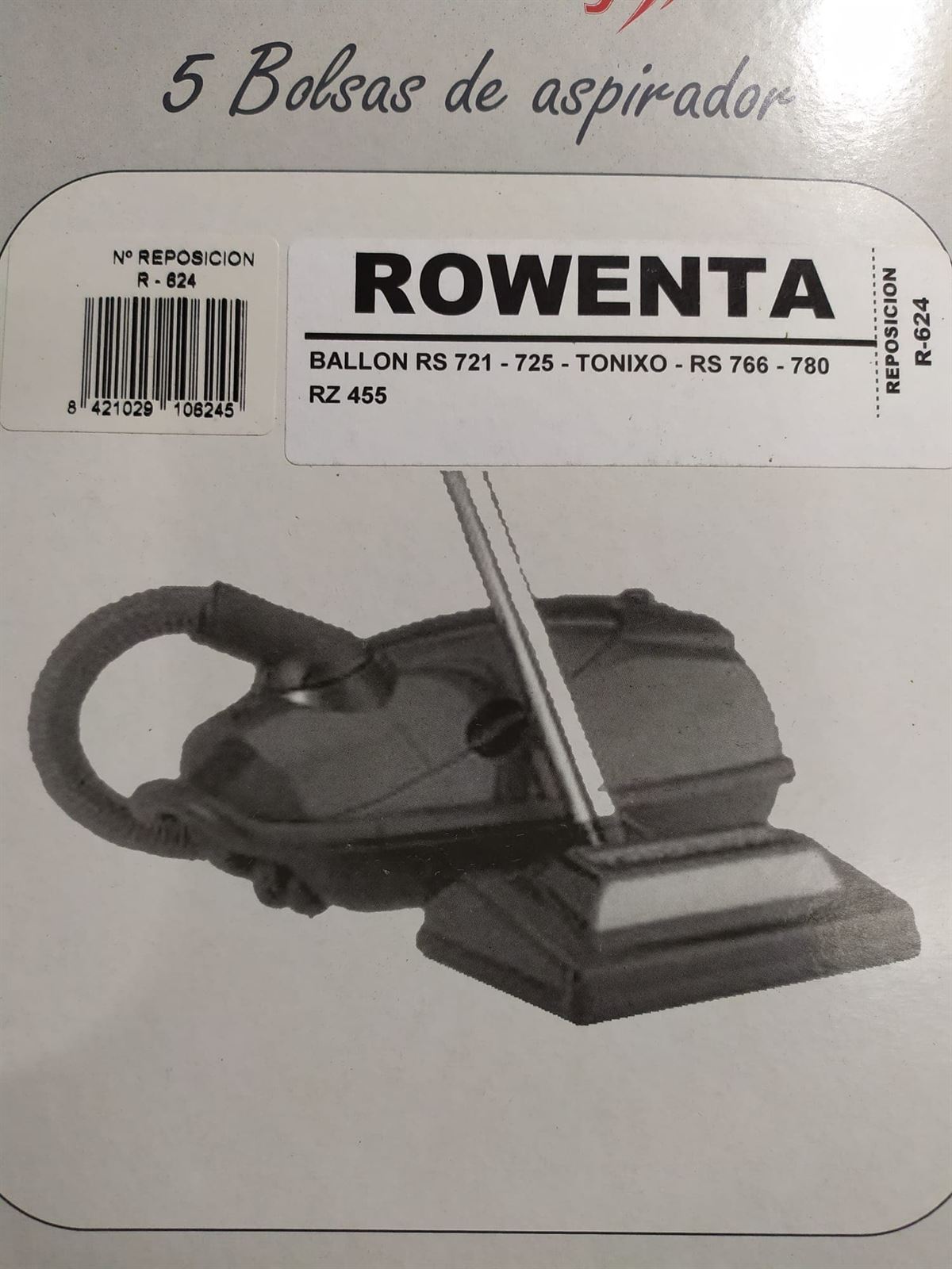 BOLSA ASPIRADOR ROWENTA, CAJA 5 BOLSAS PAPEL, RECAMBIO ALTERNATIVO, VER FOTO MODELOS, F-624 - Imagen 1