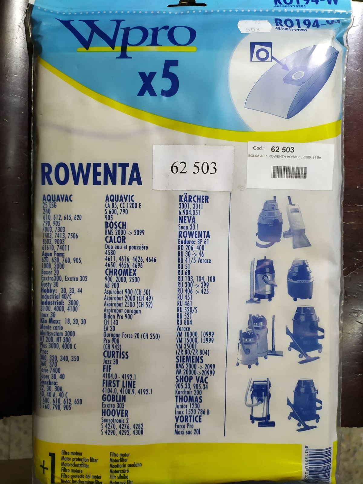 BOLSA ASPIRADOR ROWENTA, CAJA 5 BOLSAS PAPEL, RECAMBIO ALTERNATIVO, VER FOTO MODELOS MARCAS, ASPIRADOR DE CUBO,   62503W,  481981729281 - Imagen 1