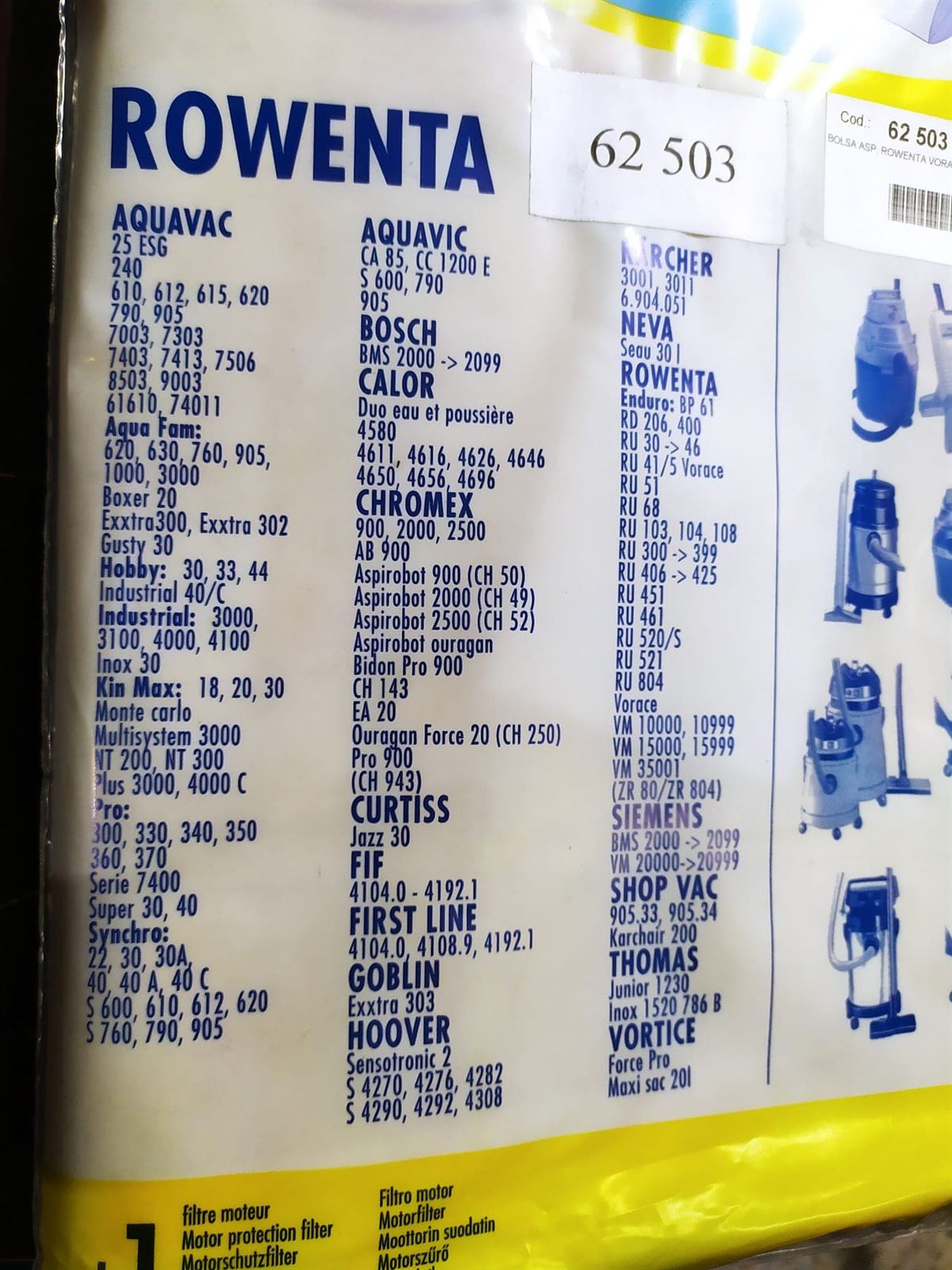 BOLSA ASPIRADOR ROWENTA, CAJA 5 BOLSAS PAPEL, RECAMBIO ALTERNATIVO, VER FOTO MODELOS MARCAS, ASPIRADOR DE CUBO,   62503W,  481981729281 - Imagen 2