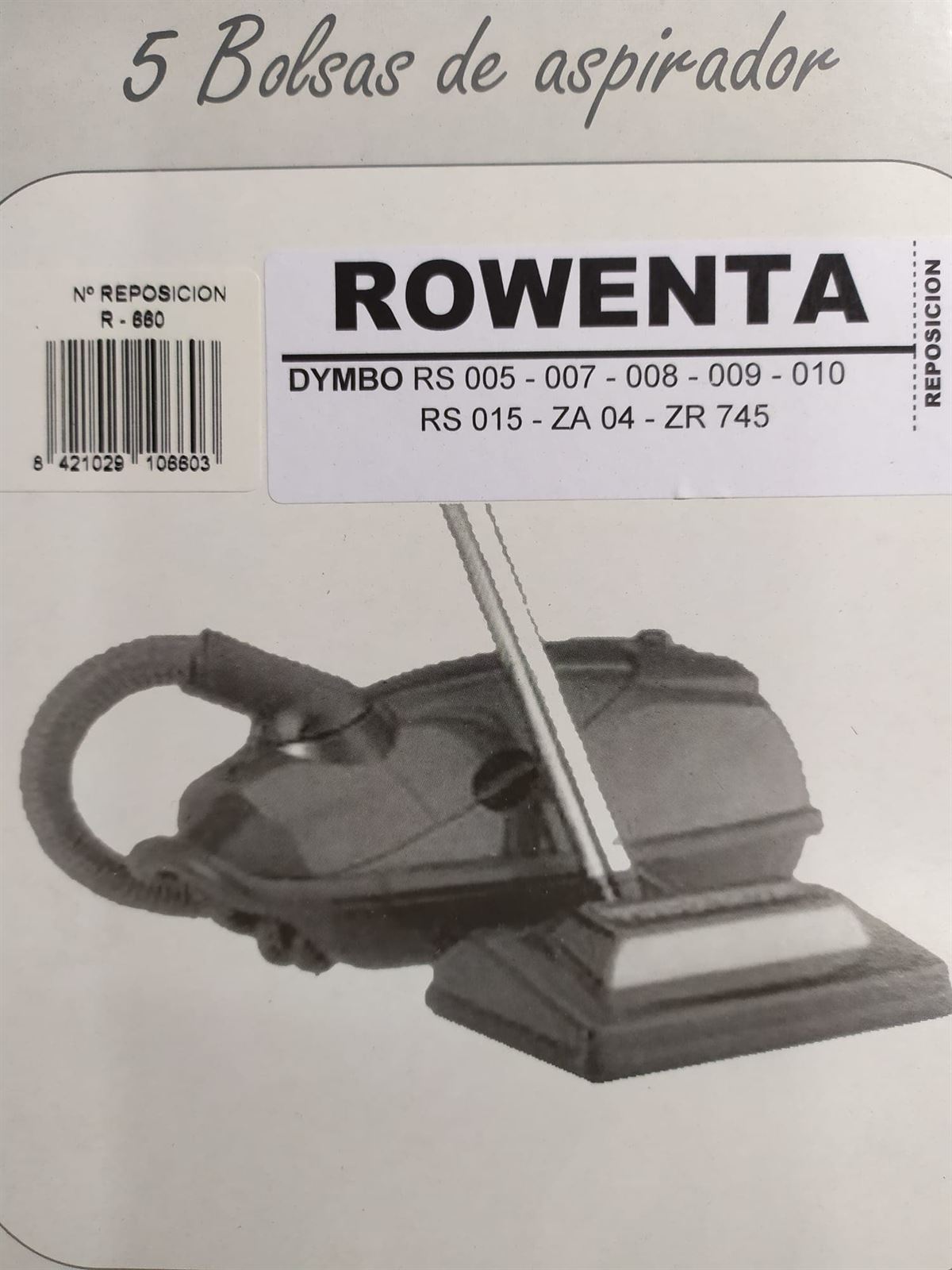 BOLSA ASPIRADOR ROWENTA DYMBO, CAJA 5 BOLSAS PAPEL, VER MODELOS FOTO,   F-660 - Imagen 1