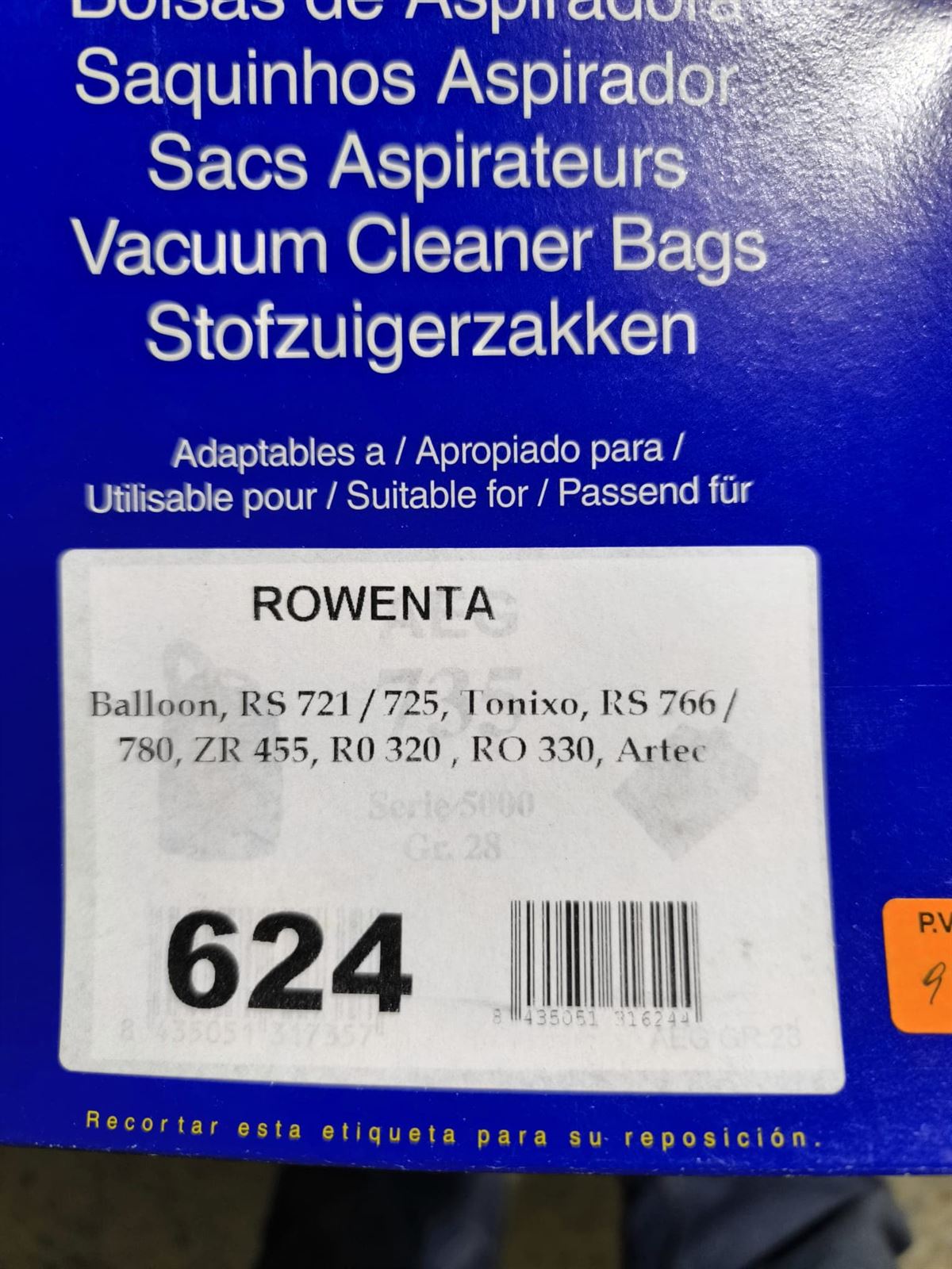 BOLSA ASPIRADOR ROWENTA, RS721,ZR455, RO330, CAJA 5 BOLSAS PAPEL,   624 - Imagen 1