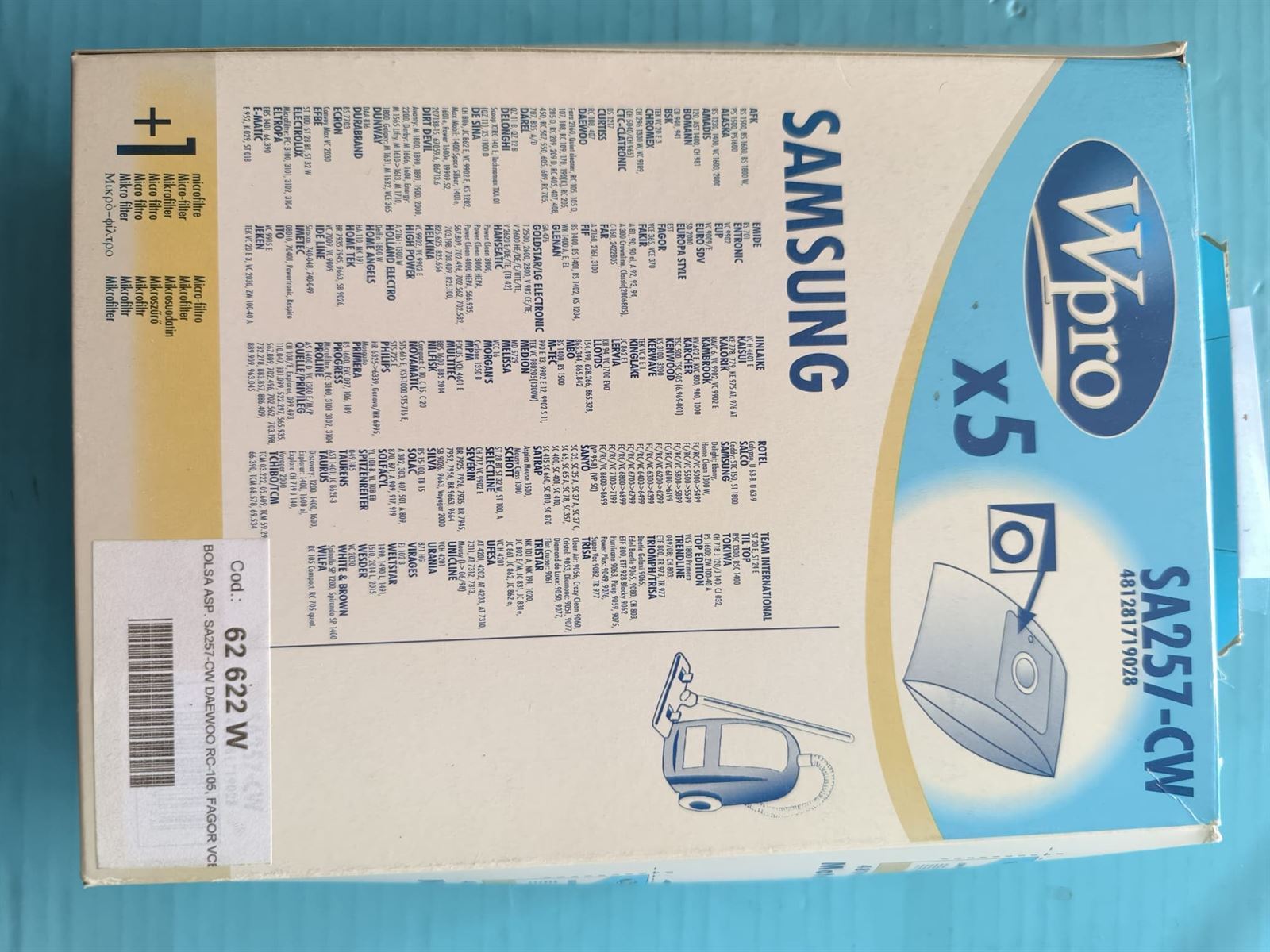 BOLSA ASPIRADOR SAMSUNG, CAJA 5 BOLSAS, SA257-CW - Imagen 1