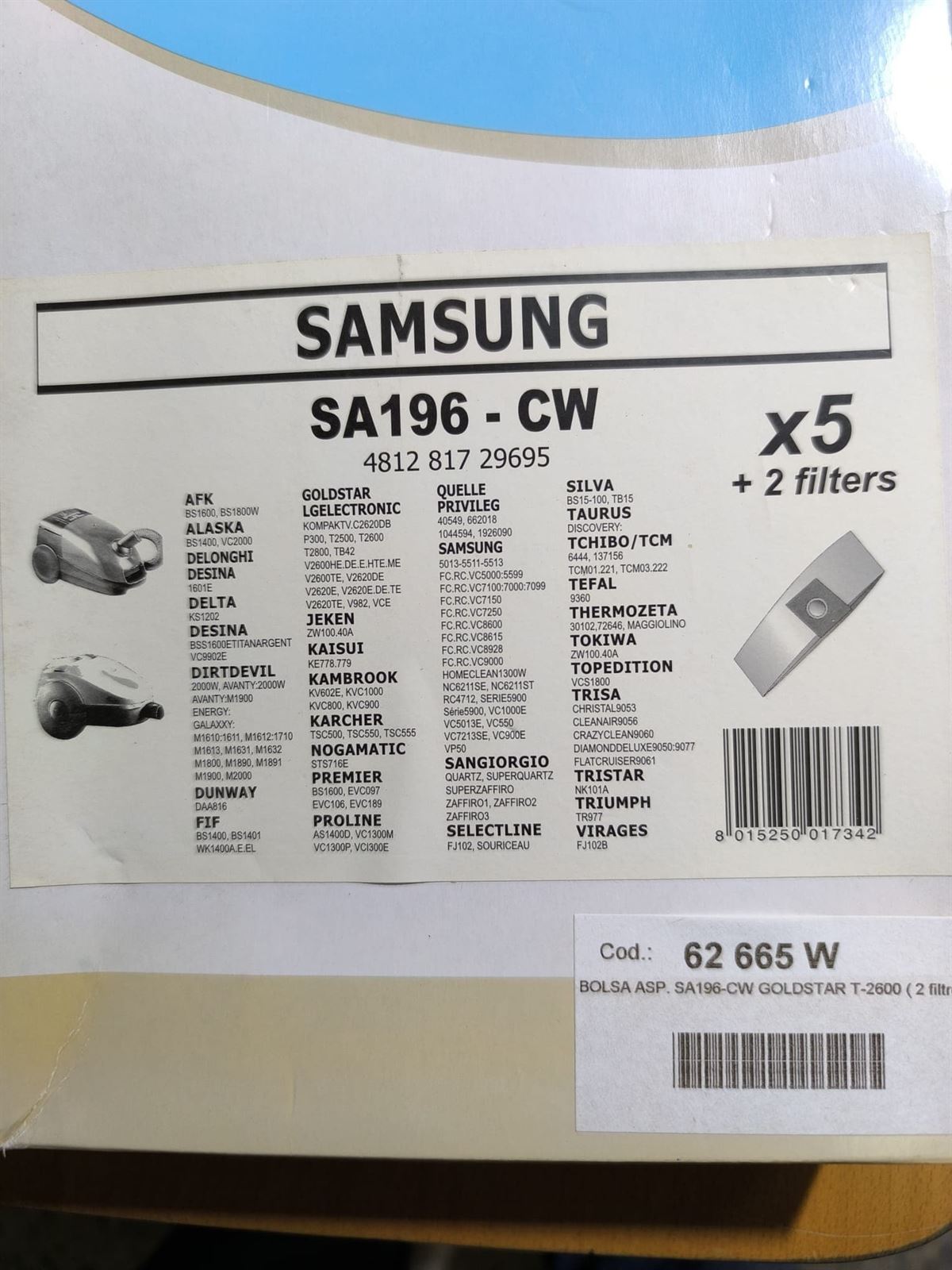 BOLSA ASPIRADOR SAMSUNG, CAJA 5 UNIDADES+2FILTROS, VER FOTO MODELOS COMPATIBLES, SA196-CW - Imagen 1