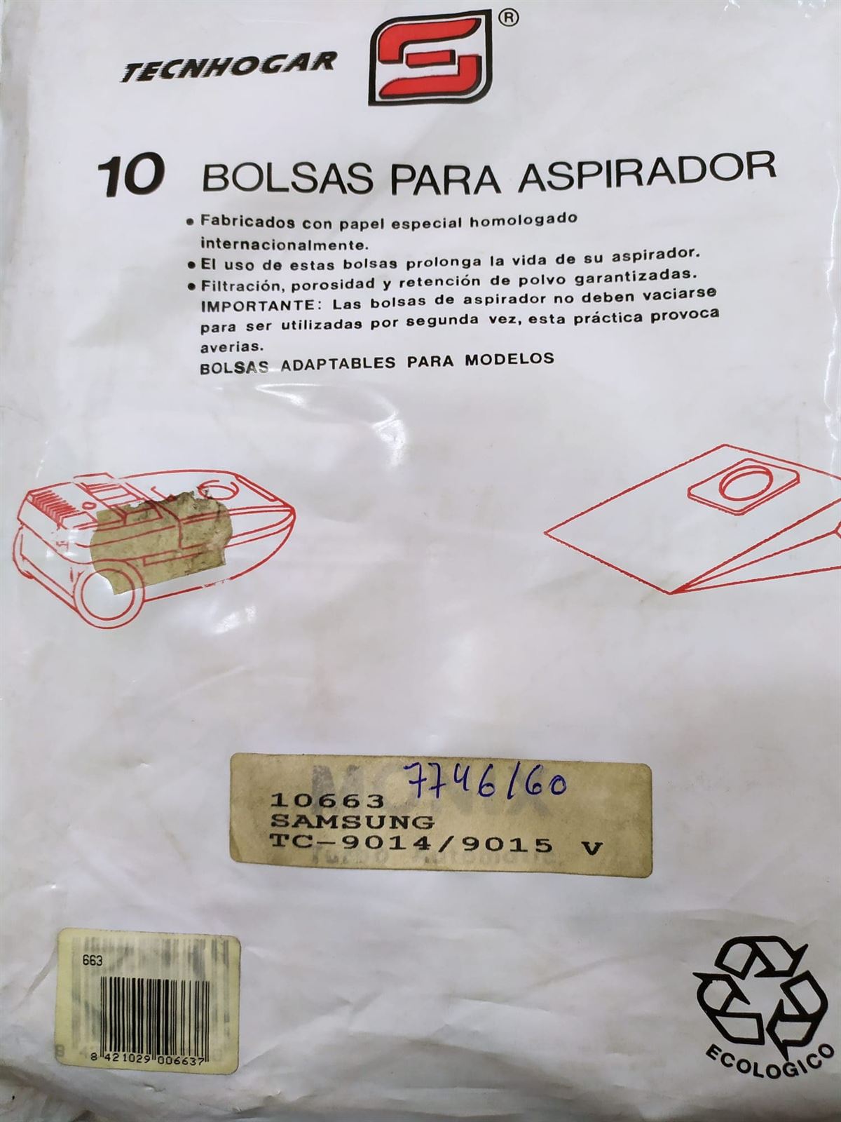 BOLSA ASPIRADOR SAMSUNG, VER MODELOS FOTO TC-9014, PAQUETE 10 BOLSAS, RECAMBIO ALTERNATIVO,  7746160 - Imagen 1