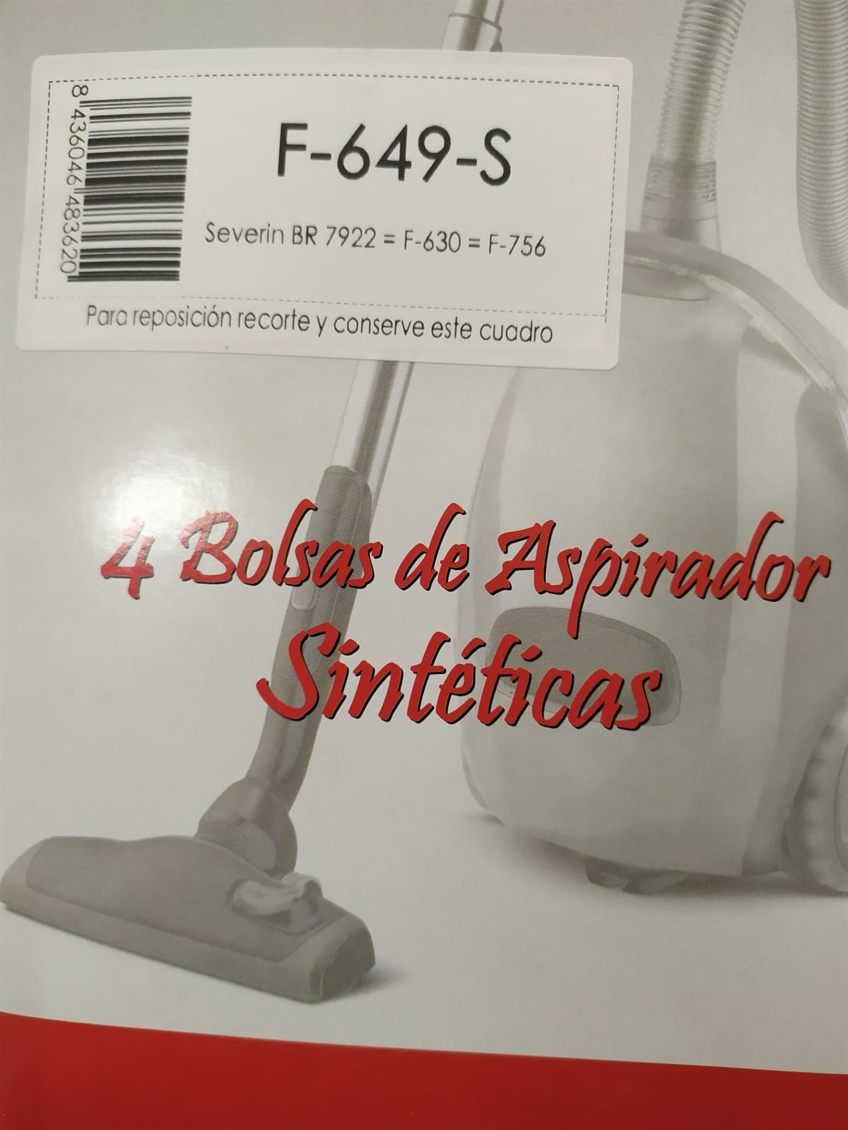 BOLSA ASPIRADOR SEVERIN BR7922, PAQUETE 4 BOLSAS SINTETICAS, RECAMBIO ALTERNATIVO,    F-649-S - Imagen 1