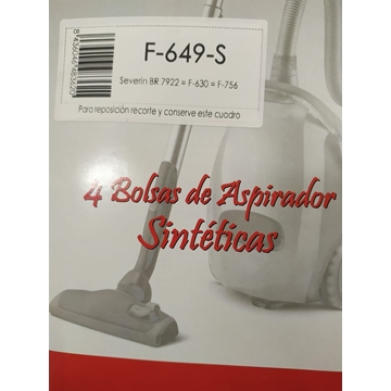 BOLSA ASPIRADOR SEVERIN BR7922, PAQUETE 4 BOLSAS SINTETICAS, RECAMBIO ALTERNATIVO,    F-649-S - Imagen 1