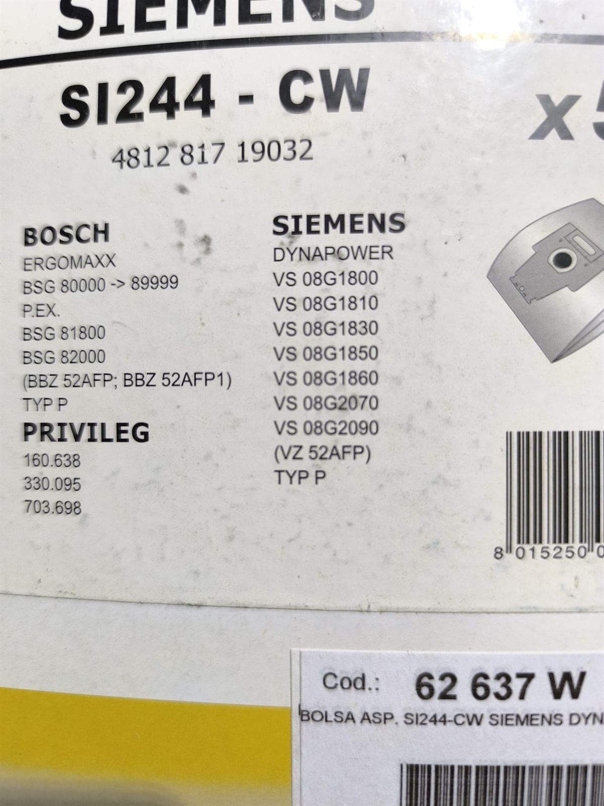 BOLSA ASPIRADOR SIEMENS, BOSCH, CAJA 5 BOLSAS, VER FOTO MODELOS, SI244-CW - Imagen 1