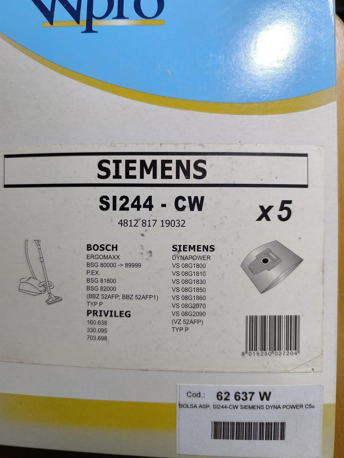 BOLSA ASPIRADOR SIEMENS, BOSCH, CAJA 5 BOLSAS, VER FOTO MODELOS, SI244-CW - Imagen 2