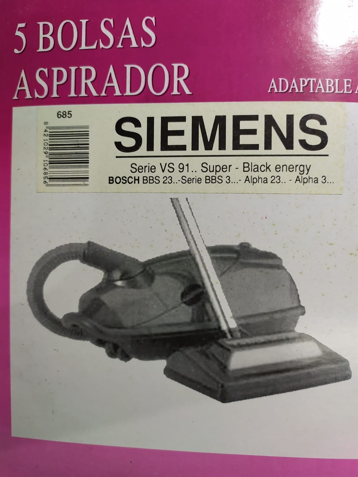 BOLSA ASPIRADOR SIEMENS, BOSCH, RECAMBIO ALTERNATIVO, VER FOTO MODELOS, CAJA 5 BOLSAS,   F-685 - Imagen 1