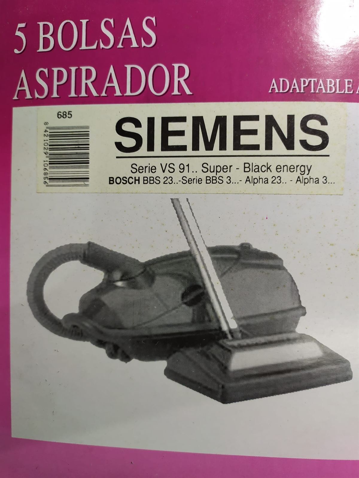 BOLSA ASPIRADOR SIEMENS, BOSCH, RECAMBIO ALTERNATIVO, VER FOTO MODELOS, CAJA 5 BOLSAS, F-685 - Imagen 1