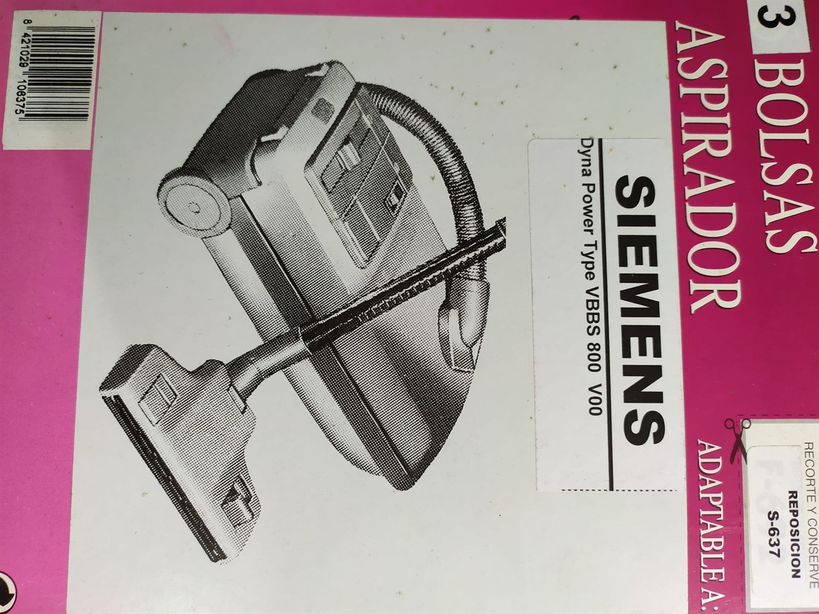 BOLSA ASPIRADOR SIEMENS, DYNA POWER, RECAMBIO ALTERNATIVO, CAJA 3 BOLSAS,   F-637 - Imagen 2