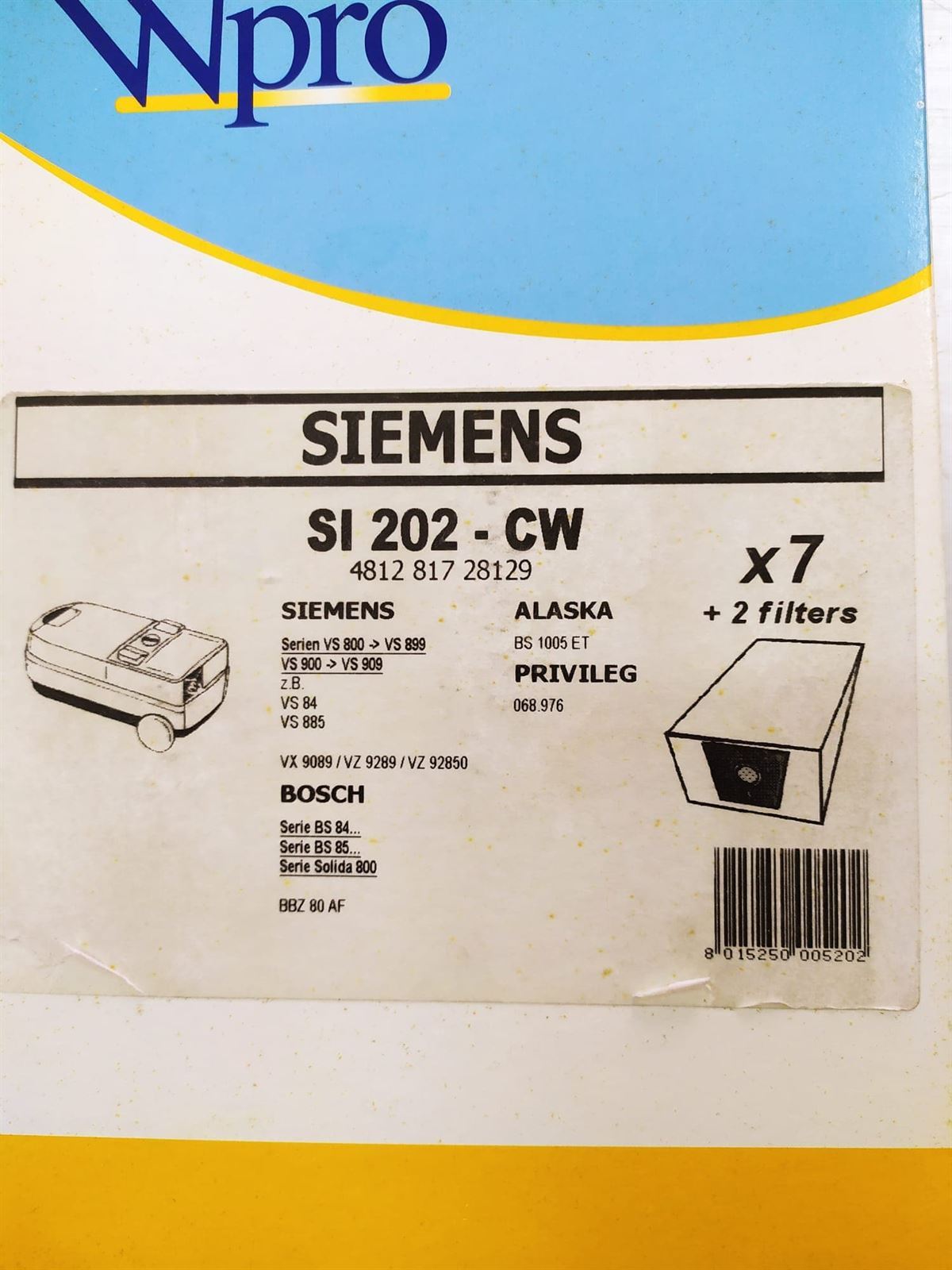 BOLSA ASPIRADOR SIEMENS, VER FOTO MARCAS Y MODELOS, RECAMBIO ALTERNATIVO, CAJA 7 BOLSAS+2FILTRO,   62687W, 481281728129 - Imagen 1