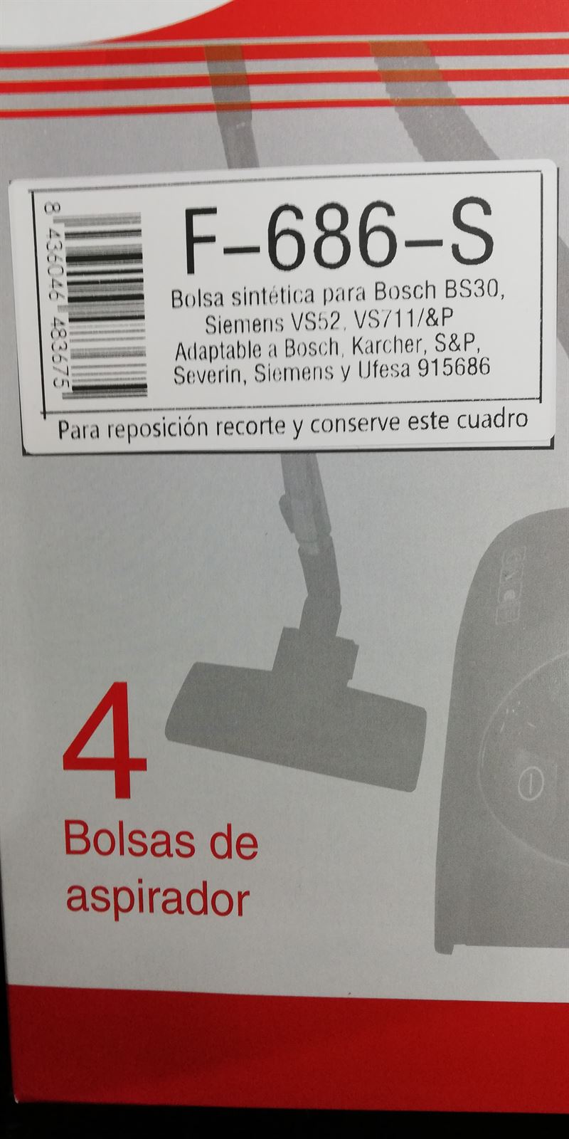 BOLSA ASPIRADOR SIEMENS VS52, VS711, CAJA 4 BOLSAS,  F-686-S - Imagen 2