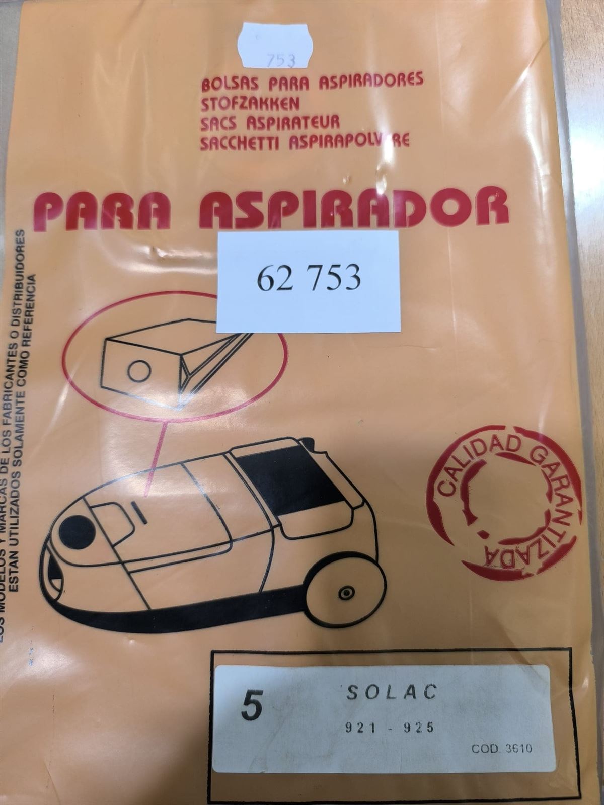 BOLSA ASPIRADOR SOLAC, 753,921,925, CAJA 5 BOLSAS PAPEL, CARTON 74/92MM, DIAMETRO 48MM, 62753 - Imagen 1