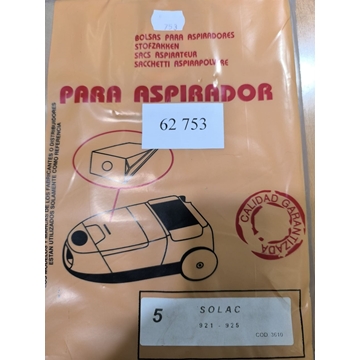 BOLSA ASPIRADOR SOLAC, 753,921,925, CAJA 5 BOLSAS PAPEL, CARTON 74/92MM, DIAMETRO 48MM, 62753 - Imagen 1