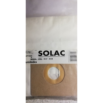 BOLSA ASPIRADOR SOLAC 895, 917, 919, PAQUETE 5 BOLSAS PAPEL, VER FOTO MODELOS, CARTON DIAMETRO 47 MM, ANCHO 100X110 MM, A91701 - Imagen 1