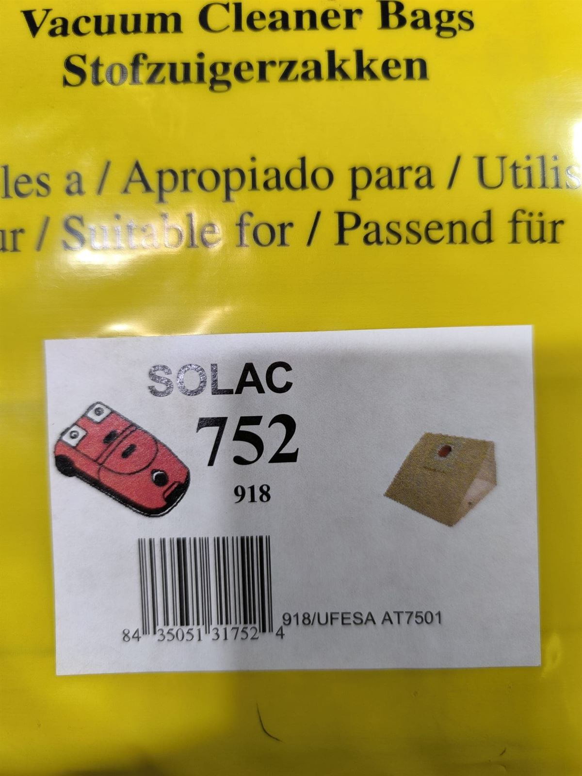 BOLSA ASPIRADOR SOLAC, CAJA 5 BOLSAS PAPEL, CARTON 74MM,   752 - Imagen 1