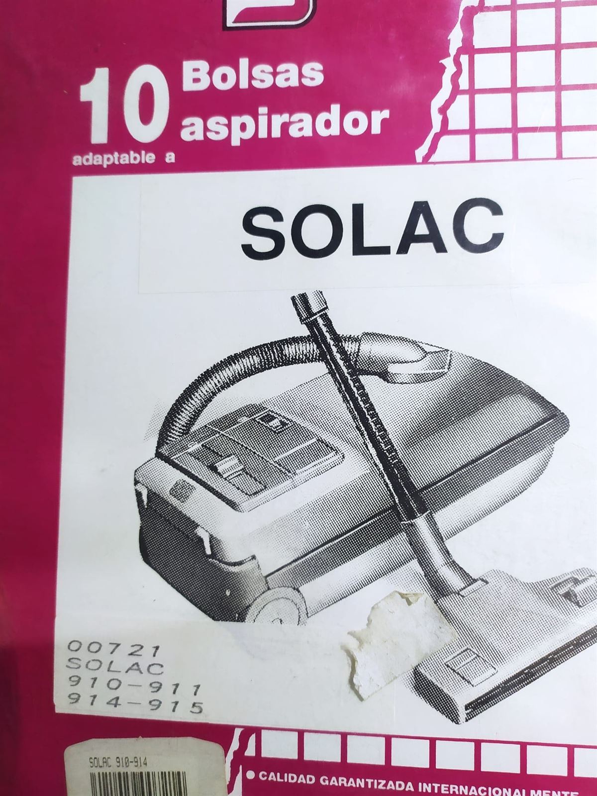 BOLSA ASPIRADOR SOLAC, PAQUETE 10 BOLSAS PAPEL, VER FOTO MODELOS, CARTON DIAMETRO 47 MM, ANCHO 80X80X110 MM,     00721 - Imagen 1