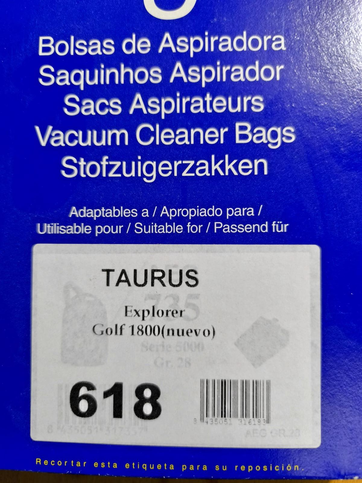 BOLSA ASPIRADOR TAURUS EXPLORER GOLF1800, CAJA 5 UNIDADES PAPEL, CARTON 98X108MM, 999046000 - Imagen 1