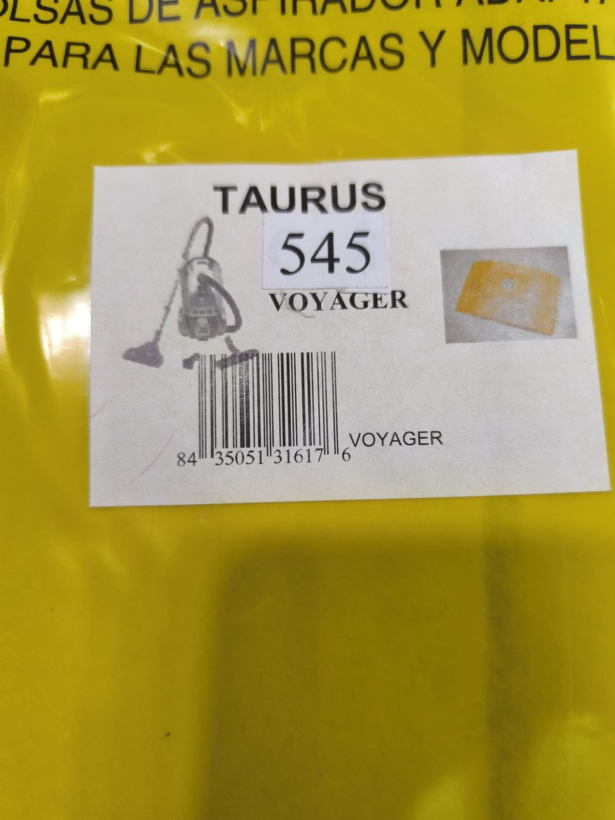 BOLSA ASPIRADOR TAURUS VOYAGER, PAQUETE 5 BOLSAS, CARTON 109X97MM, DIAMETRO 46MM,  545 - Imagen 1