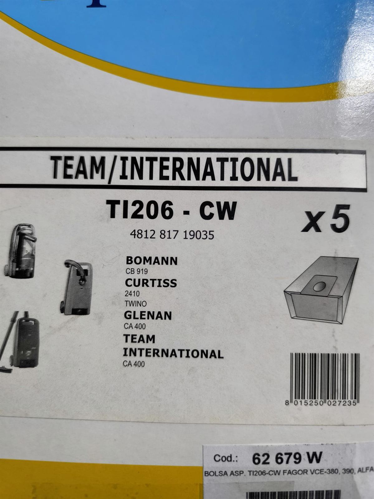BOLSA ASPIRADOR TEAM INTERNATIONAL, BOMANN, CURTIS, GLENAN, CAJA 5 BOLSAS, TI206-CW - Imagen 1