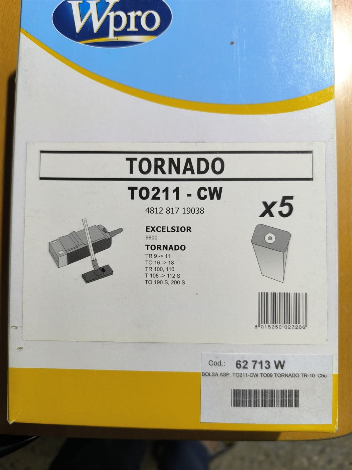 BOLSA ASPIRADOR TORNADO, CAJA 5 BOLSAS, TO211-CW - Imagen 1
