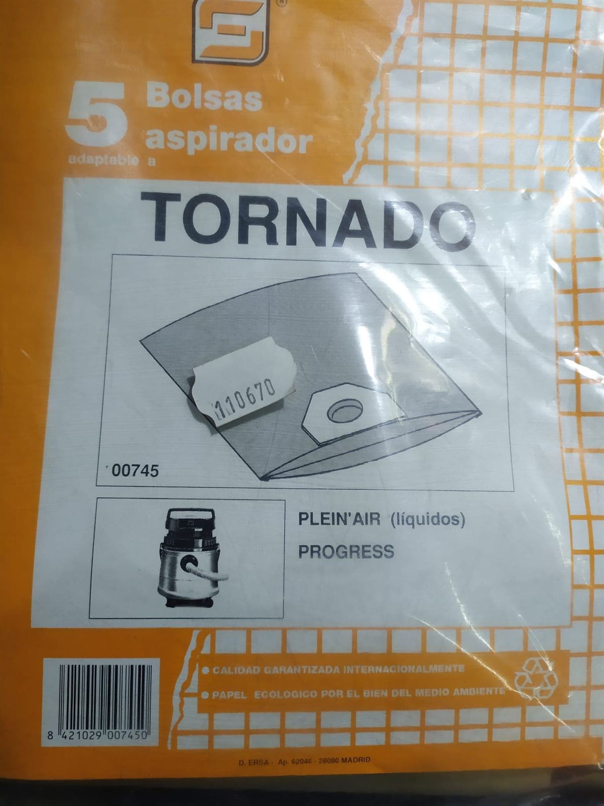 BOLSA ASPIRADOR TORNADO CUBO, PROGRESS, PLEIN AIR LIQUIDOS, CAJA 5 BOLSAS, VER FOTO MODELOS, CARTON DIAMETRO 60 MM, ANCHO 165MM,   110670 - Imagen 1