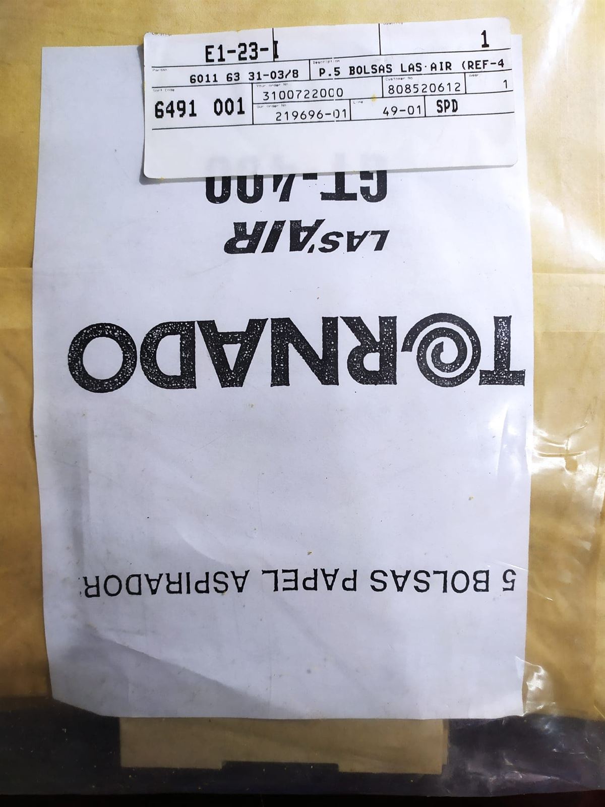 BOLSA ASPIRADOR TORNADO, ELECTROLUX, PAQUETE 5 BOLSAS PAPEL, RECAMBIO ORIGINAL, 60116331038,  GT-400,  9001959619 - Imagen 1
