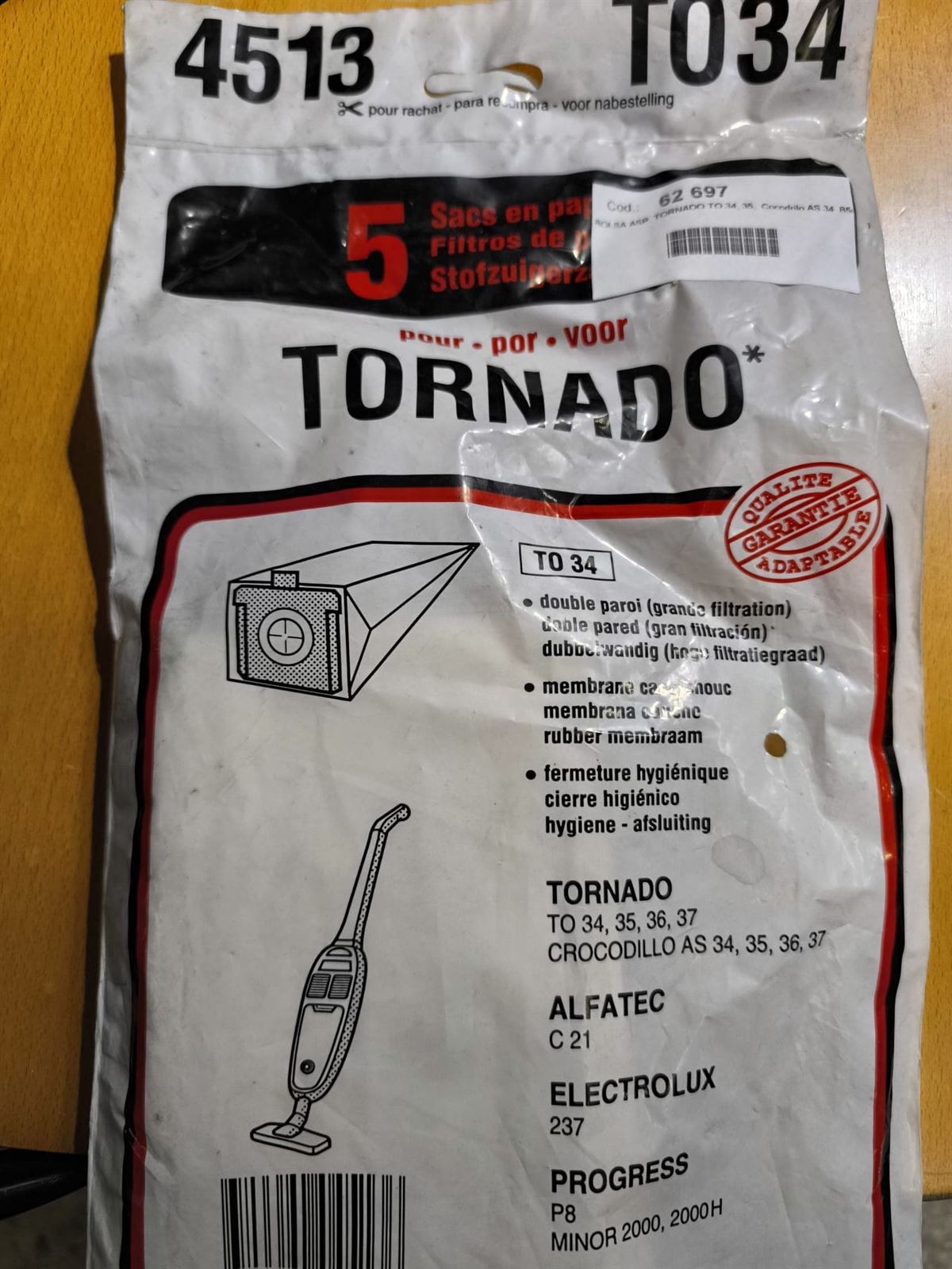 BOLSA ASPIRADOR TORNADO, ELECTROLUX, PROGRESS, CAJA 5 BOLSAS PAPEL, CARTON 75MM, DIAMETRO 42MM, TO34 - Imagen 1