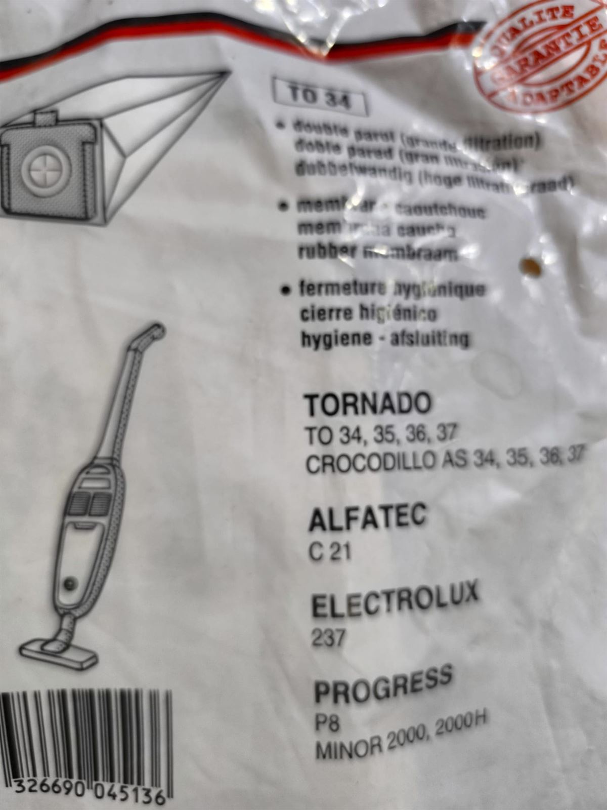BOLSA ASPIRADOR TORNADO, ELECTROLUX, PROGRESS, CAJA 5 BOLSAS PAPEL, CARTON 75MM, DIAMETRO 42MM, TO34 - Imagen 2