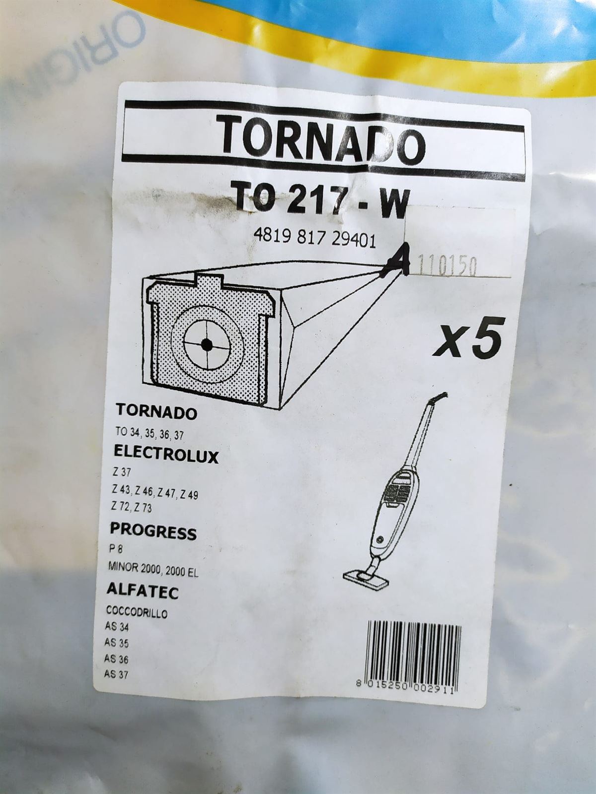 BOLSA ASPIRADOR TORNADO ESCOBA, PAQUETE 5 BOLSAS PAPEL, VER FOTO MODELOS MARCAS,   TO-217W - Imagen 1