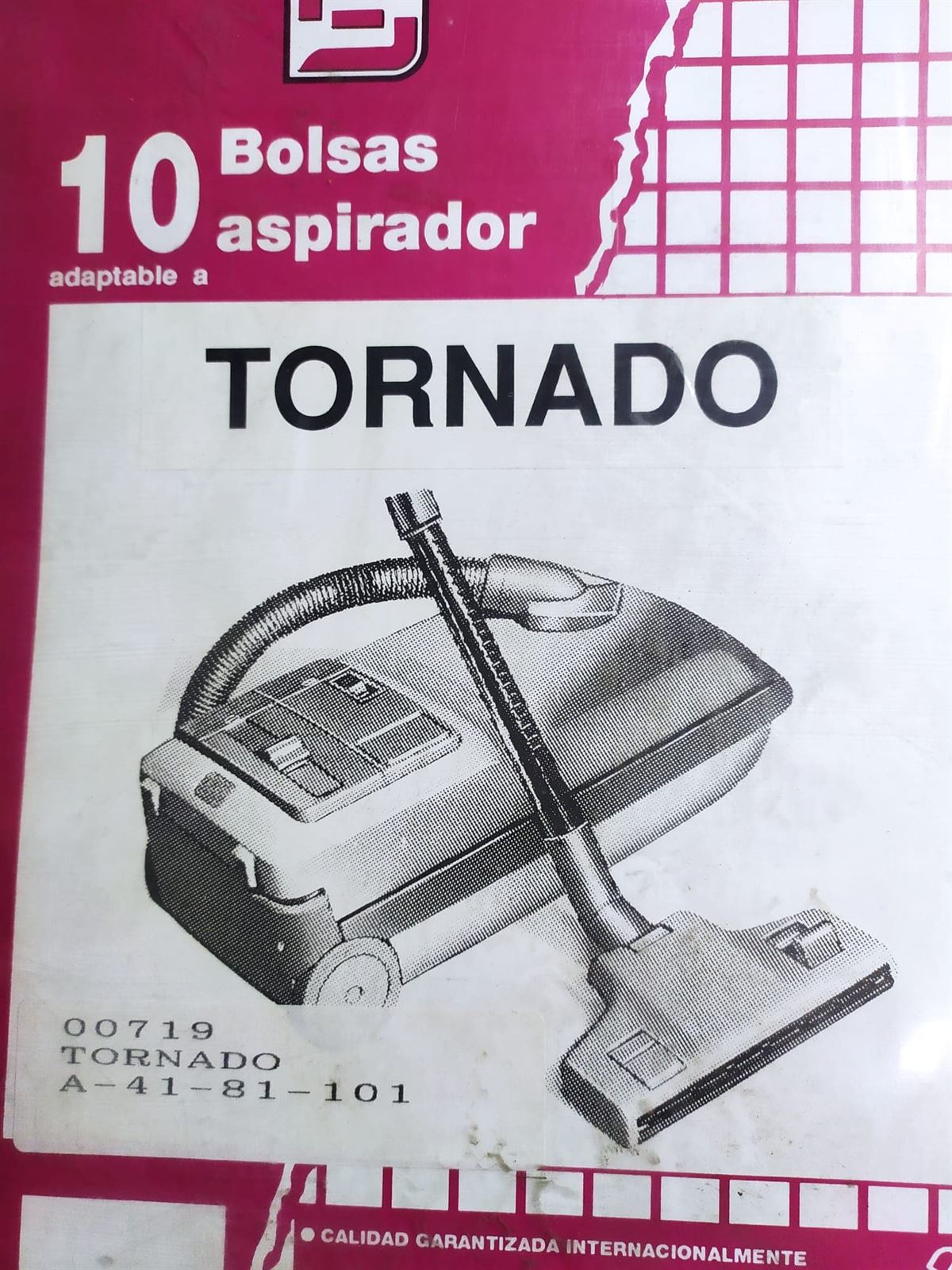 BOLSA ASPIRADOR TORNADO MODELO, PAQUETE 10 BOLSAS PAPEL, DIAMETRO 44 MM, ANCHO CARTON 80 MM,  00719 - Imagen 1