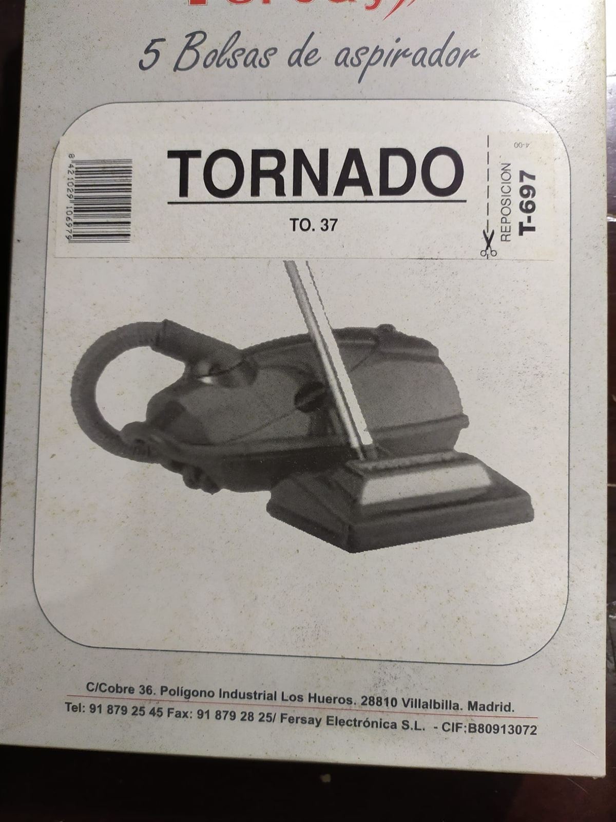 BOLSA ASPIRADOR TORNADO TO37, PAQUETE 5 BOLSAS PAPEL,   F-697 - Imagen 1