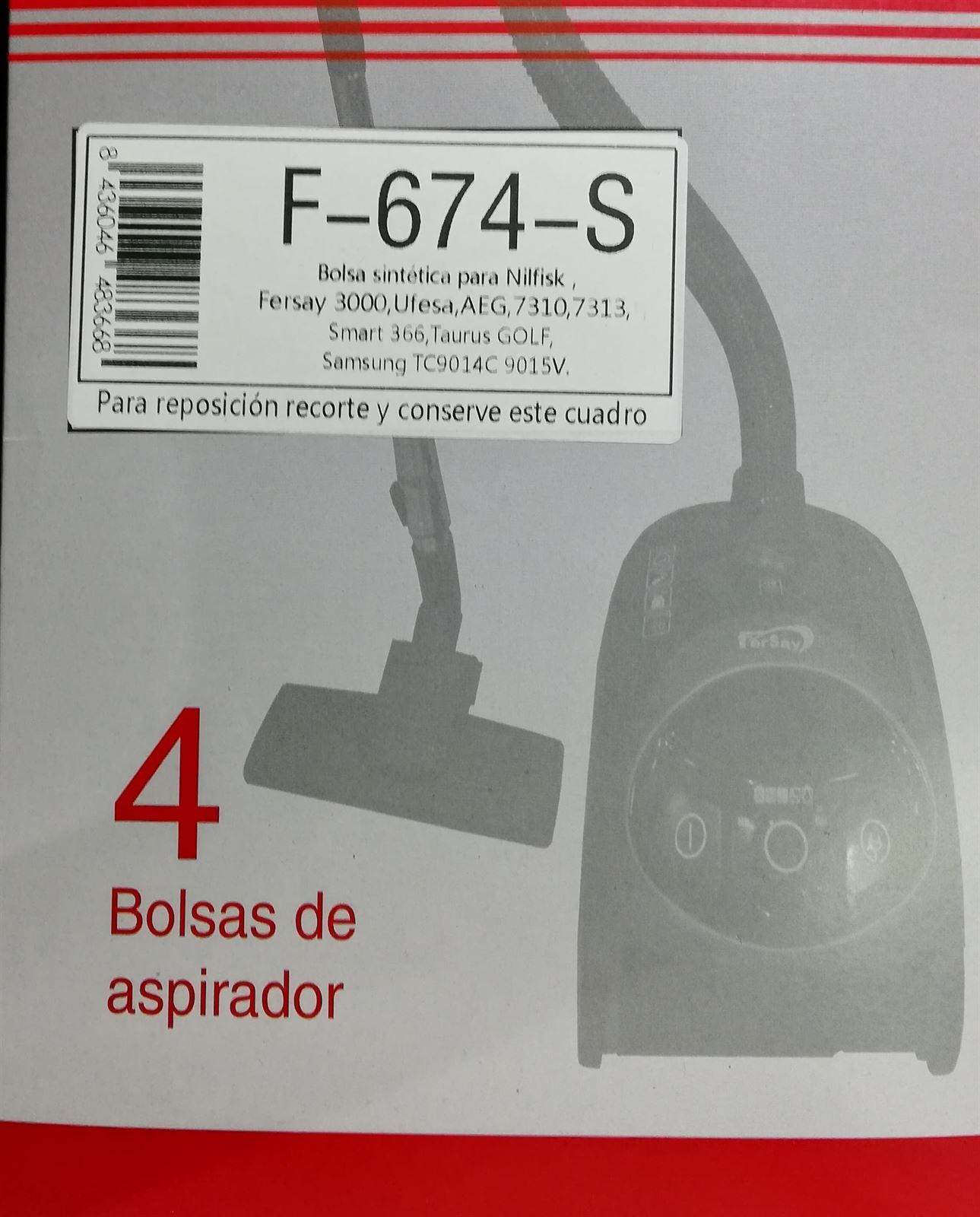BOLSA ASPIRADOR UFESA, AEG, TAURUS, CAJA 4 BOLSAS,  F-674-S - Imagen 2