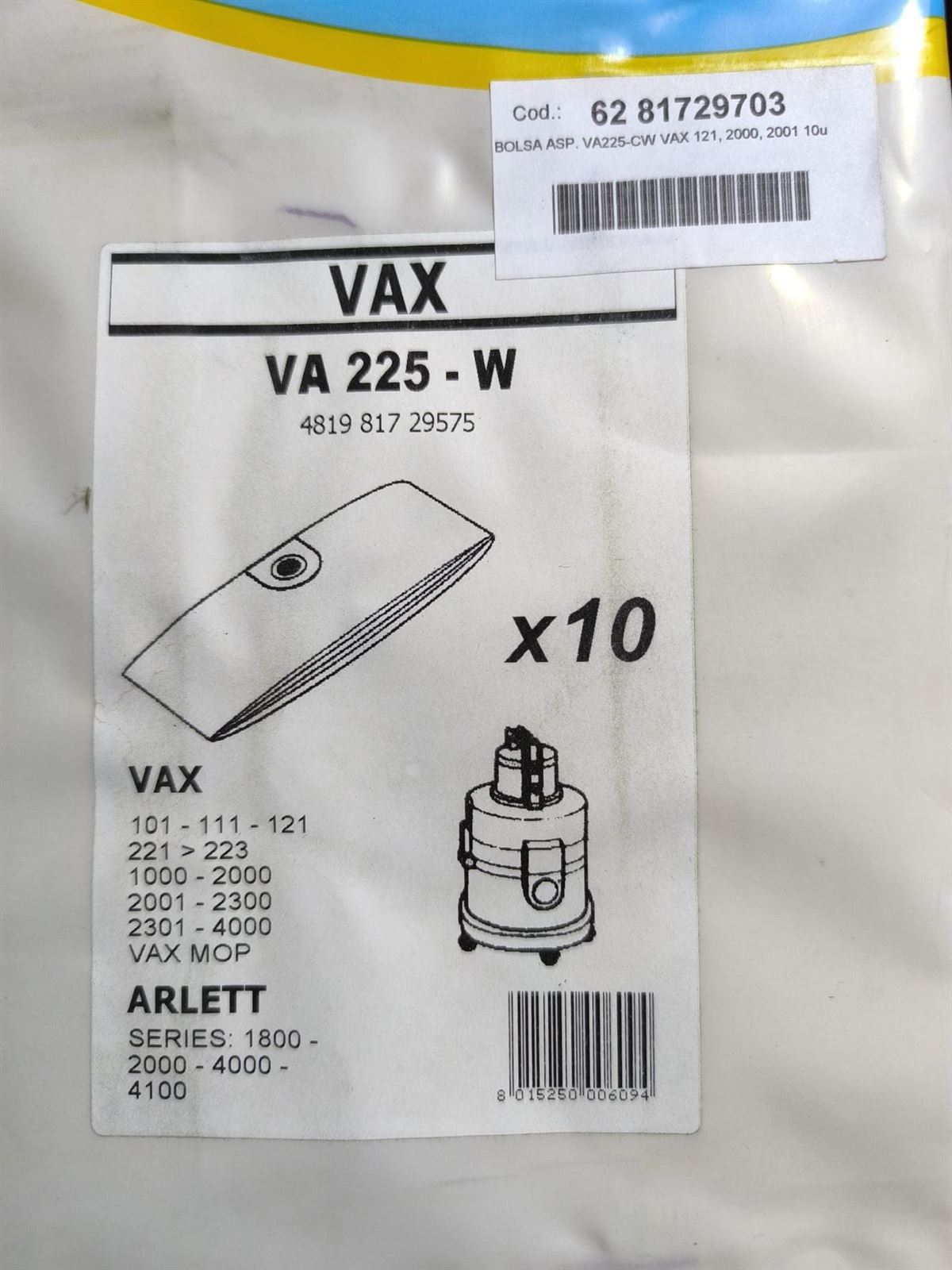 BOLSA ASPIRADOR VAX, ARLRTT, ELECTROLUX, Z74, CAJA 10 BOLSAS, VER FOTO MODELOS, ASPIRADOR DE CUBO,  VA225-W - Imagen 2