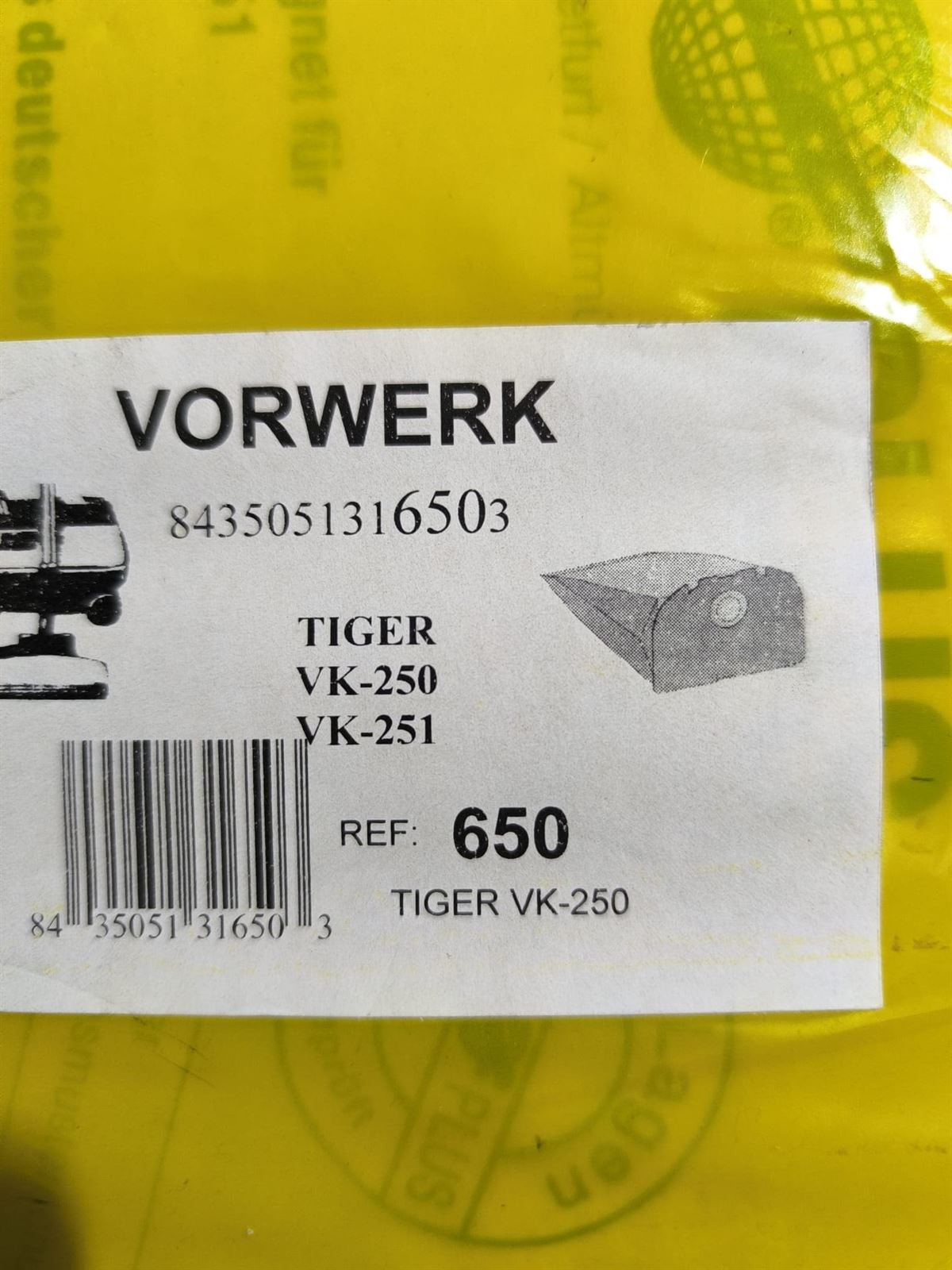 BOLSA ASPIRADOR VORWERK, CAJA 5 BOLSAS PAPEL, CARTON 225MM, DIAMETRO 54MM, VK250 - Imagen 1