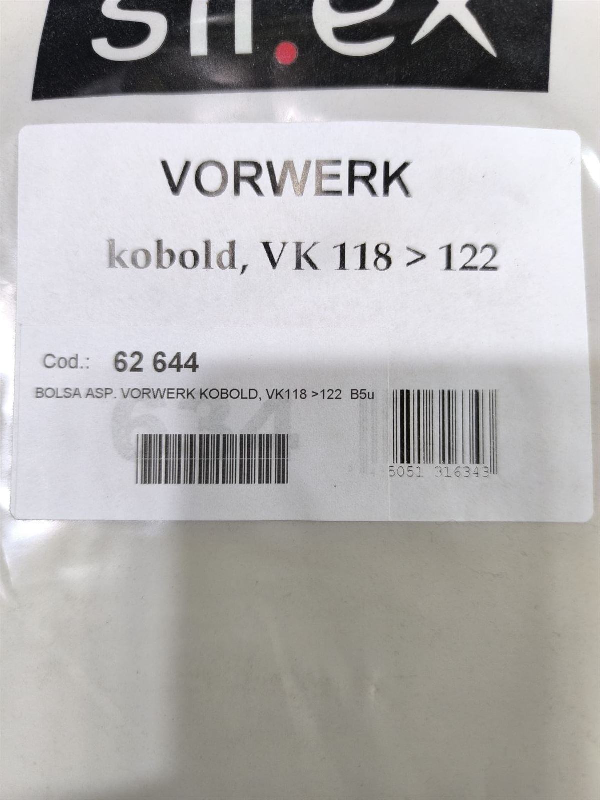 BOLSA ASPIRADOR VORWERK, CAJA 5 BOLSAS PAPEL, CARTON 75MM, DIAMETRO 48MM,  VK226 - Imagen 1