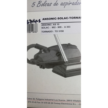 BOLSA ASPIRADOR ZANUSSI, ANSONIC, SOLAC, TORNADO, RECAMBIO ALTERNATIVO, PAQUETE 5 BOLSAS PAPEL, 9001961276 - Imagen 1