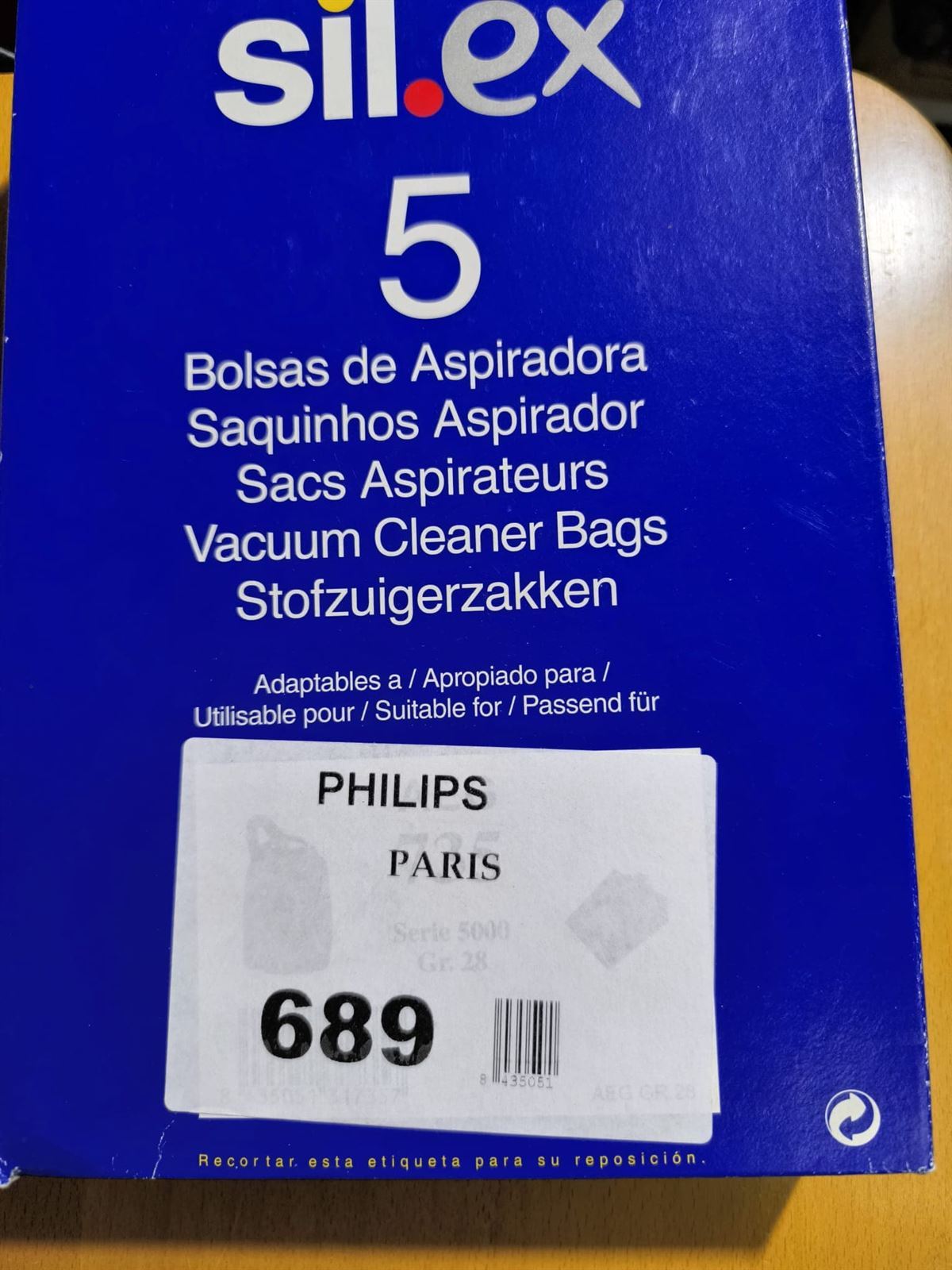 BOLSA ASPIRADORA PHILIPS PARIS, CAJA 5 BOLSAS, 689 - Imagen 1